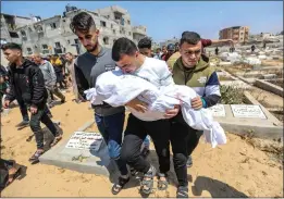  ?? AHMAD HASABALLAH — GETTY IMAGES ?? People mourn as they receive the dead bodies of victims of an Israeli strike on Thursday in Rafah, Gaza. Despite internatio­nal warnings, Israeli forces continue to target the city.