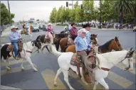  ??  ?? TOP RIGHT: Nathan De Lima, of Yuba City, and his son, Atticus, wave to the cowboys along Bridge Street in Yuba City. LEFT: Cotton Rosser waves to the crowd during the Twin Cities Cattle Drive on Wednesday. RIGHT: Cowboys flank cattle as they ride over the Fifth Street Bridge on there way into Marysville.