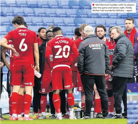  ??  ?? ■ Neil Warnock huddles with his players after the game and below right, Paddy Mcnair had wonderful delivery – again