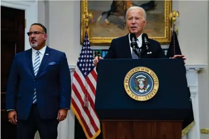  ?? ?? Joe Biden speaks alongside education secretary Miguel Cardona at the White House in Washington DC on 30 June 2023. Photograph: Evan Vucci/AP