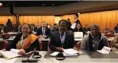  ??  ?? Lok Sabha Speaker Sumitra Mahajan; deputy speaker Dr. M. Thambi Durai and Rajya Sabha deputy chairman Harivansh at the 139th IPU Assembly in Geneva, Switzerlan­d.