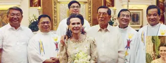  ??  ?? Juan Ponce Enrile and Cristina with the priests at their anniversar­y Mass. The couple was first married at San Loreto Church in Sampaloc.