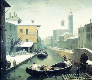  ??  ?? Con la neve
Il tratto del Naviglio tra il ponte di Porta Ticinese e quello degli Olocati (oggi via De Amicis) dipinto da Angelo Inganni nel 1845. A sinistra, il ponte di Porta Romana nell’800