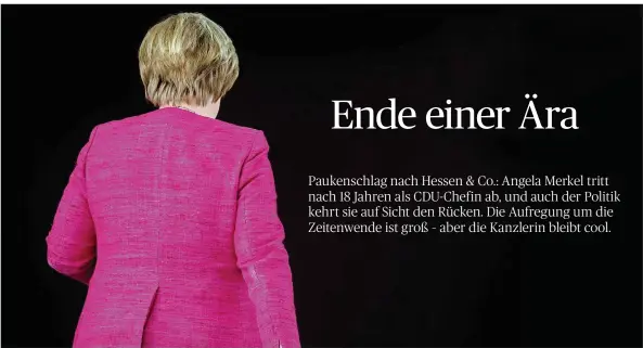  ?? FOTO: KAPPELER/DPA ?? Die „ewige Kanzlerin“hat genug: Angela Merkel will beim CDU-Parteitag im Dezember nicht mehr für den Vorsitz antreten. Nach der Legislatur­periode 2021 will sie mit der Politik aufhören.