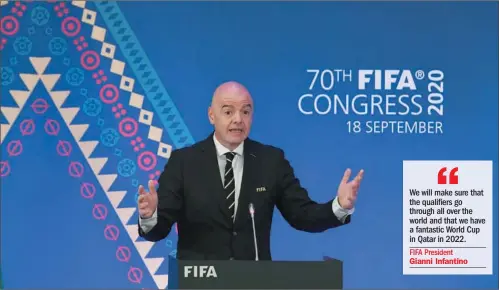  ?? (AFP) ?? This handout picture taken and released by FIFA (Federation Internatio­nale de Football Associatio­n) shows FIFA President Gianni Infantino delivering a speech during the 70th Congress of the World football governing body held online in Zurich, on Friday.