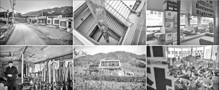  ??  ?? (Clockwise from top left) Closed ski-hire shops and bars. • A stairwell at the resort. • A former restaurant at the resort. • Ski boots piled up in a former restaurant at the resort. • A ski lift. • Oh Geum-Sik standing in his ski rental shop at the...