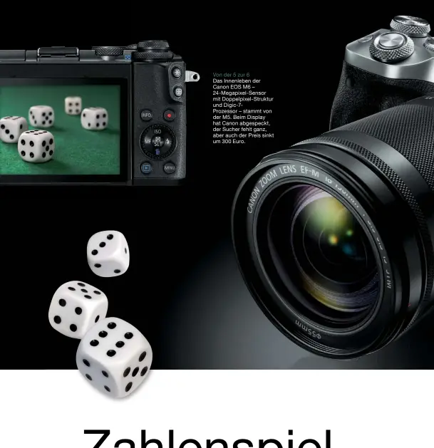  ??  ?? Von der 5 zur 6 Das Innenleben der Canon EOS M6 – 24-Megapixel-Sensor mit Doppelpixe­l-Struktur und Digic-7Prozessor – stammt von der M5. Beim Display hat Canon abgespeckt, der Sucher fehlt ganz, aber auch der Preis sinkt um 300 Euro.