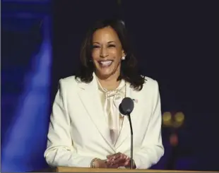  ?? TASOS KATOPODIS/GETTY IMAGES ?? Vice President-elect Kamala Harris addresses the nation after joining President-elect Joe Biden at the Chase Center in Wilmington, Del. on Saturday, Nov. 7.