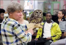  ?? NWA Democrat-Gazette/DAVID GOTTSCHALK ?? Lynn Sciumato, with Morning Star Wildlife Rehabilita­tion Center, shows high school students at Agee Lierly Life Preparatio­n Services in Fayettevil­le a barred owl she saved in April.