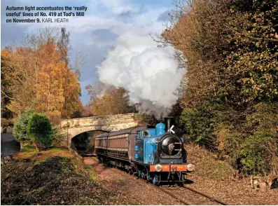  ?? KArL HeATH ?? Autumn light accentuate­s the ‘really useful’ lines of No. 419 at Tod’s Mill on November 9.