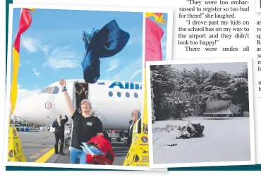  ?? Pictures: CHRIS KIDD, GLENN HAMPSON, COBI LANDRY ?? Clockwise from top: Waratah residents learn they are flying to the Gold Coast; at North Kirra beach; Waratah snow; and Rachel Jenni ditches her scarf.