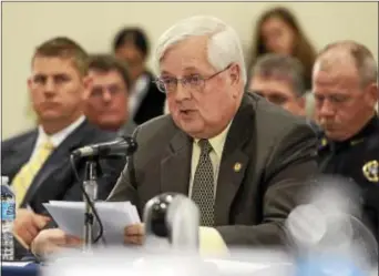  ?? DIGITAL FIRST MEDIA FILE PHOTO ?? Former U.S. Rep. Curt Weldon speaks during a at Eddystone Fire Co. in 2014. public hearing on crude oil transporta­tion