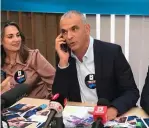  ?? (Avshalom Sassoni/Maariv) ?? KULANU HEAD Moshe Kahlon speaks on the phone during a press conference at party headquarte­rs in Tel Aviv yesterday.