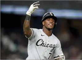  ?? JOHN MINCHILLO — THE ASSOCIATED PRESS ?? Chicago White Sox' Tim Anderson reacts towards the crowd while running the bases after hitting a three-run home run off New York Yankees relief pitcher Miguel Castro in the eighth inning of the second baseball game of a doublehead­er, on Sunday in New York.