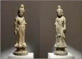  ?? ZHANG RUINAN / CHINA DAILY ?? Two gray limestone figures from the early Tang Dynasty fetched some of the highest prices during Asian Art Week auctions in New York.