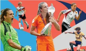  ?? Images; Uefa/Getty Images; Empics Sport ?? From left: Germany's Nadine Angerer at Euro 2013 and Silvia Neid at Euro 1991, Lieke Martens of the Netherland­s with the trophy in 2017, Germany's Inka Grings at Euro 2005 and Sweden in action during the 1984 final. Composite: AFP/Getty Images; Bongarts/Getty