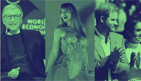  ?? ?? Links der Microsoft-Gründer Bill Gates, in der Mitte der US-Popstar Taylor Swift und rechts Harry und Meghan, der Herzog und die Herzogin von Sussex.