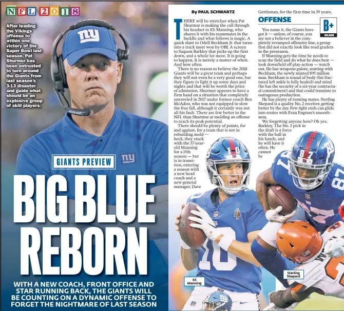  ??  ?? After leading the Vikings offense to within one victory of the Super Bowl last season, Pat Shurmur has been entrusted to turn around the Giants from last season’s 3-13 disaster and guide what should be an explosive group of skill players.