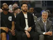 ?? NHAT V. MEYER — BAY AREA NEWS GROUP FILE ?? The Golden State Warriors’ Klay Thompson sits on the bench during their game against the New York Knicks in the first quarter at the Chase Center in San Francisco on Dec. 11, 2019.