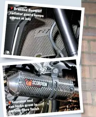  ??  ?? Branded Beowulf radiator guard keeps stones at bay
Scorpion end in can looks great finish carbon-fibre