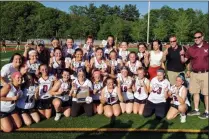  ?? PHOTO BY STAN HUDY ?? The Burnt Hills-Ballston Lake girls lacrosse team celebrates its Class C championsh­ip at Mohonasen High School in 2018.