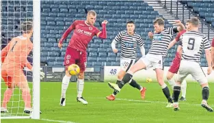  ??  ?? Lee Kilday (Queen’s Park) scores to make it 1-1 against Stenhousem­uir