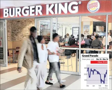  ?? PHOTO: TIMOTHY BERNARD ?? The Johannesbu­rg Park Station Burger King outlet. Grand Parade Investment­s (GPI) wants to focus more on investing in restaurant­s like Dunkin’ Donuts and Burger King as it exits gaming and leisure by selling its 10 percent stake in SunWest Casino. GPI...