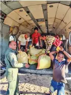  ?? ?? IAF personnel distribute relief material at a flood-affected area in the northeast region