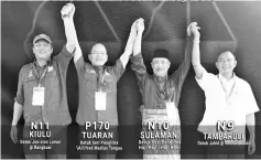  ??  ?? The four BN candidates. From left Joniston (Kiulu), Tangau (Tuaran), Hajiji (Sulaman) and Jahid (Tamparuli).