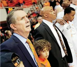  ?? [PHOTO BY NATE BILLINGS, THE OKLAHOMAN] ?? Former Oklahoma State assistant coach James Dickey, left, might be a candidate to replace Brad Underwood as head coach. Dickey spent six seasons as an assistant under Eddie Sutton and Sean Sutton, then returned for a second stint under Travis Ford....