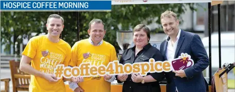  ??  ?? Ireland’s Biggest Coffee Morning for Hospice together with Bewley’s will be held on Thursday 15th September. Pictured at the launch are Bewley’s Brand Director, Mark Saunders, Davy Fitzgerald, Cathryn O’Leary of North West Hospice and Mario Rosenstock.