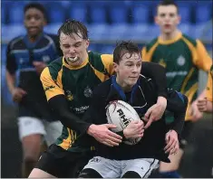  ??  ?? Shane Kehoe tackles Matthew Meegan of Dundalk Grammar School.