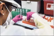  ?? Chandan Khanna / AFP via Getty Images ?? A lab technician sorts blood samples inside a lab for a COVID-19 vaccine study at the Research Centers of America in Hollywood, Fla., in this file photo.