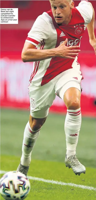  ??  ?? Donny van de Beek last night completed his £34.6m transfer to United from Ajax on a five-year contract
