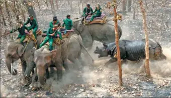  ?? PRAKASH MATHEMA / AGENCE FRANCE-PRESSE ?? A rhino charges a Nepalese forestry and technical team after being released as part of a relocation project in Shuklaphan­ta National Park, about 510 kilometers from Kathmandu, last week.