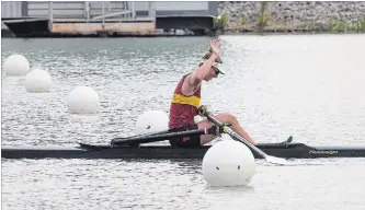  ?? JULIE JOCSAK THE ST. CATHARINES STANDARD ?? Grace Vandenbroe­k, of the St. Peter Saints from Peterborou­gh, celebrates her first place finish in the senior women’s single during the 73rd Canadian Secondary School Rowing Championsh­ips on Sunday.