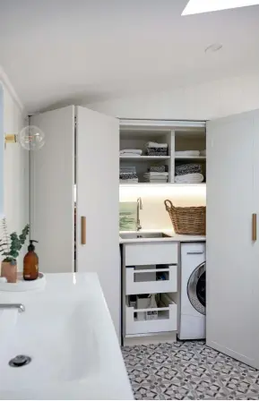  ??  ?? THIS PAGE (from left) The laundry is tucked behind doors in the family bathroom; the floor tiles are from Tile Depot. This deck opens off the lounge and gets all-day sun as well as sea views; it’s used year round and the flat lawn below is great for soccer games. OPPOSITE The property runs between two roads so has dual access and there are two “front” doors; this one is at the back; the weatherboa­rds are Resene Mischka.