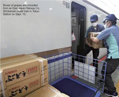  ??  ?? Boxes of grapes are unloaded from an East Japan Railway Co. Shinkansen bullet train in Tokyo Station on Sept. 10.