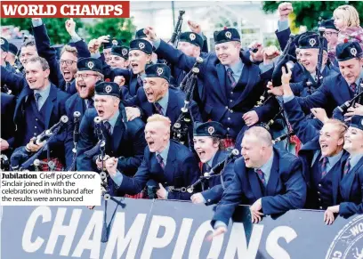  ??  ?? Jubilation Crieff piper Connor Sinclair joined in with the celebratio­ns with his band after the results were announced