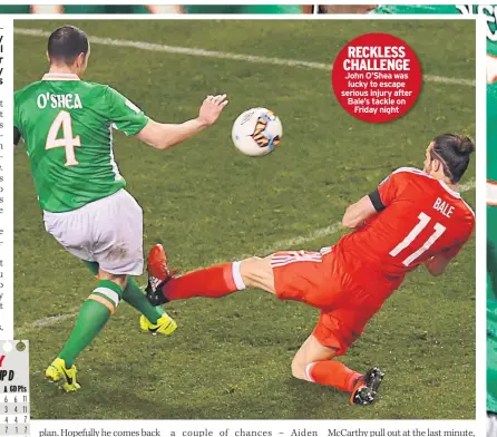  ??  ?? RECKLESS CHALLENGE John O’shea was lucky to escape serious injury after Bale’s tackle on Friday night