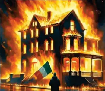  ?? ?? sinister:
A popular meme shared in online comments by farright thugs shows a man waving a tricolour in front of a burning building