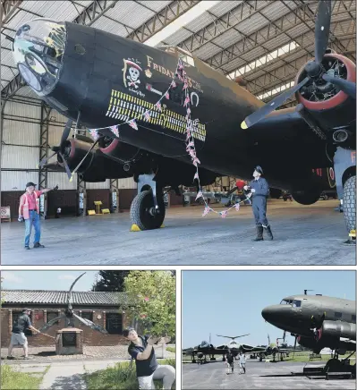  ?? PICTURES: GARY LONGBOTTOM. ?? CENTRE STAGE: Bob Emmett a volunteer and trustee at the Yorkshire Air Museum, left, marshalls the Halifax Bomber into position; Ian Richardson and Barbara George tidy the memorial garden; more aircraft are put back into position ready for reopening .