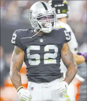  ?? Erik Verduzco Las Vegas Review-journal ?? Raiders middle linebacker Denzel Perryman had 154 tackles in 2021, more than double his previous high for a single season.