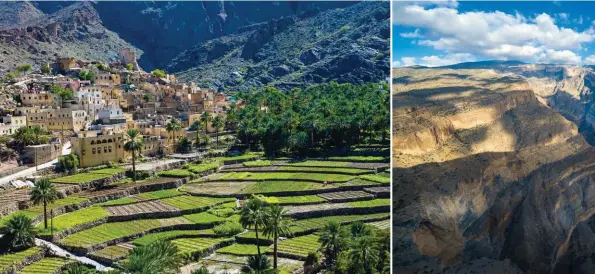  ??  ?? Bilad Sayt, perle du wadi Bani Awf, serait l’un des plus charmants villages d’Oman, entre champs en terrasses, jardins dedattes et gorges profondes.Le Grand Canyon d’Oman entaille le djebel Shams, point culminant du Hajar à 3 048m, avec des à-pics atteignant­1 500m de dénivelé.