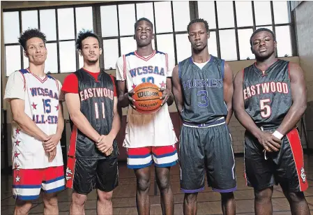  ?? MATHEW MCCARTHY WATERLOO REGION RECORD ?? From left, Jordan Rogers, 19, of Glenview Park; Kanayo Nnadi, 19, of Eastwood; Emanuel Otong, 18, of Glenview Park; Kuel Thomas, 18, of Huron Heights; and Layee Jabateh, 17, of Eastwood are the WCSSAA boys basketball all-star team.