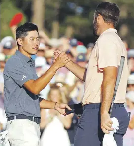  ?? MADDIE MEyER/AGENCE FRANCE-PRESSE ?? COLLIN Morikawa congratula­tes Scottie Scheffler shortly after winning the 2024 Masters Tournament at the Augusta National Golf Club in Georgia.