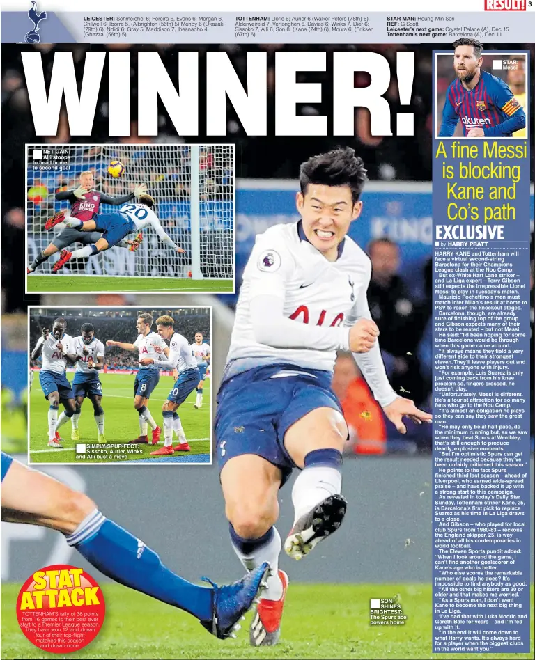  ??  ?? ■NET GAIN: Alli stoops to head home to second goal LEICESTER: ■SIMPLY SPUR-FECT: Sissoko, Aurier, Winks and Alli bust a move TOTTENHAM: STAR MAN:REF: Leicester’s next game: Tottenham’s next game: ■SON SHINES BRIGHTEST: The Spurs ace powers home ■ STAR: Messi