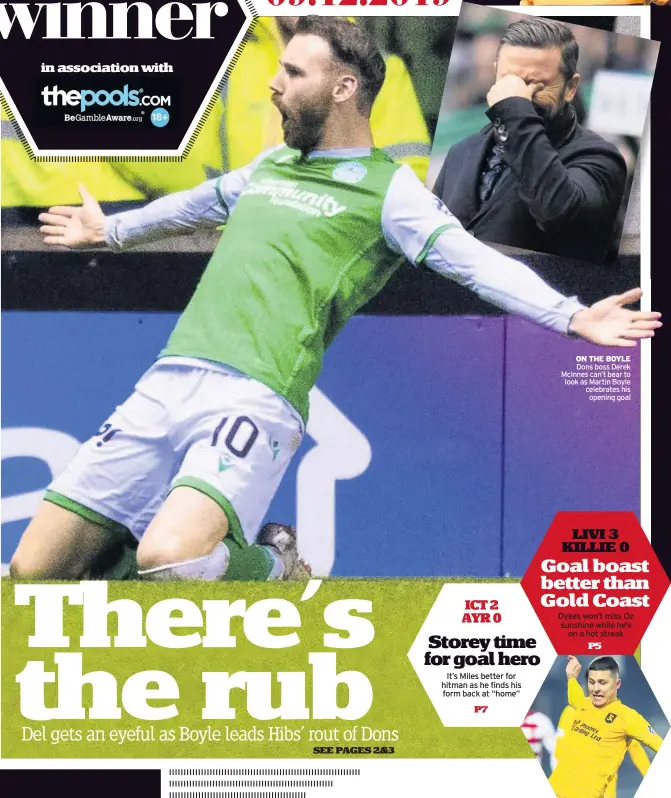  ??  ?? ON THE BOYLE Dons boss Derek McInnes can’t bear to look as Martin Boyle celebrates his opening goal