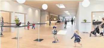  ??  ?? Kombi-Konzept: Der Kindergart­en bringt Leben in die neue Festhalle. Einrichtun­gen wie das Foyer oder die Küche können vielseitig genutzt werden.