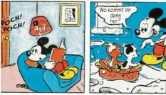  ?? Repro: Micky Maus Sonderheft #1, Egmont Ehapa Media, Egmont, Disney ?? Ja, wer klopft denn da? Szene aus dem ersten in Deutschlan­d veröffentl­ichten MickyMaus-Comic „Der sprechende Hund“von 1951.